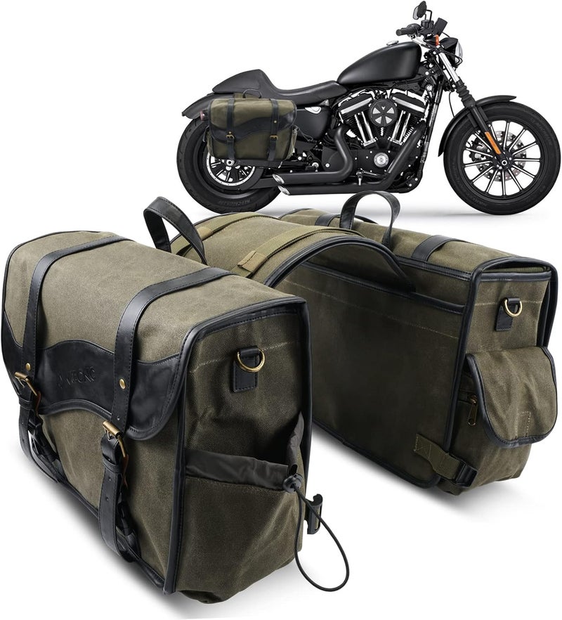 NICECNC Motorcycle Saddlebags Vintage Oil Waxed Canvas Leather, 30L Throw Over Saddle Bags Side Luggage Bags for Men Women Camping, Compatible with Harley, Honda, Suzuki, Yamaha, Adventure, Green - Image 1